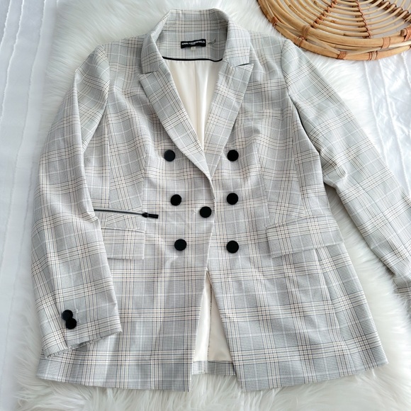 Karl Lagerfeld Double Breasted Notch Collar Blazer Checked Plaid Cream Button 12 - Picture 6 of 14